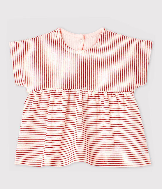Kurzärmelige Baby-Bluse aus gestreiftem, gedoppeltem Jersey für Mädchen rosa FLEUR/rosa COPPER
