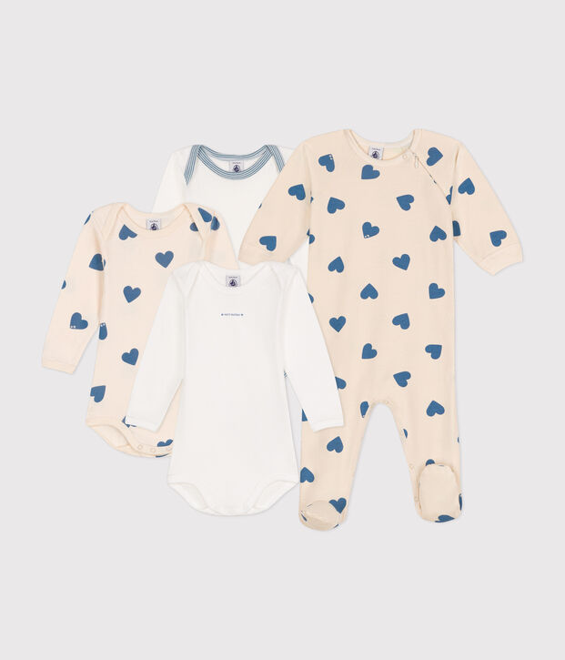 Baby-Set Strampler und 3 Bodys mit blauen Herzen vielfarbig