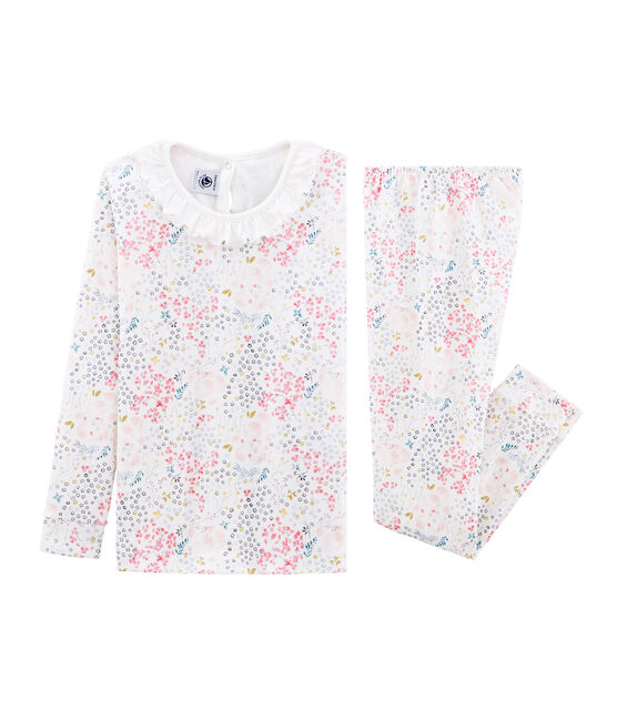 Sehr eng anliegender Rippstrick-Pyjama für kleine Mädchen weiss MARSHMALLOW/weiss MULTICO
