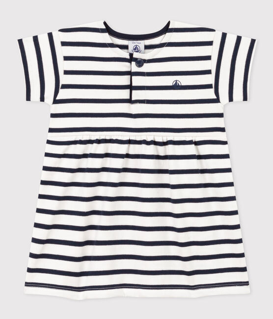 Kurzärmeliges Babykleid aus gestreiftem dichtem Jersey weiss MARSHMALLOW/blau SMOKING