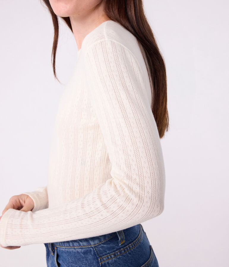 Lang&auml;rmeliges Damen-T-Shirt L&rsquo;Iconique aus Baumwolle mit Lochstickerei naturfarben