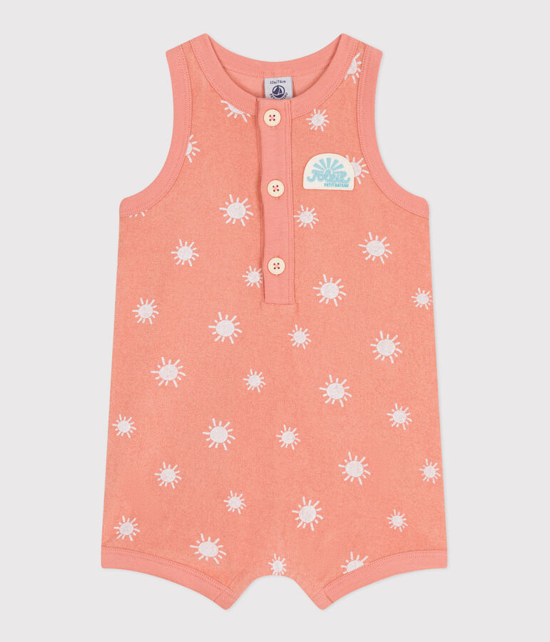 &Auml;rmelloser Baby-Kurzoverall aus Baumwoll-Frottee mit Sonnenmuster orange/weiss