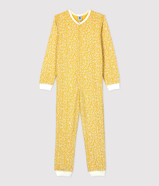 Overall mit Blumenmuster aus angerautem Frottee für Mädchen gelb OCRE/weiss MARSHMALLOW