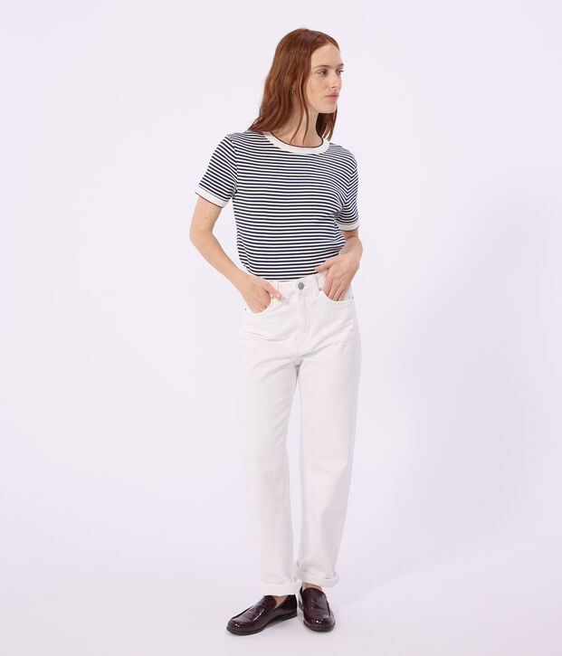 Kurz&auml;rmeliges Damen T-Shirt aus Baumwolle mit Streifen blau/weiss