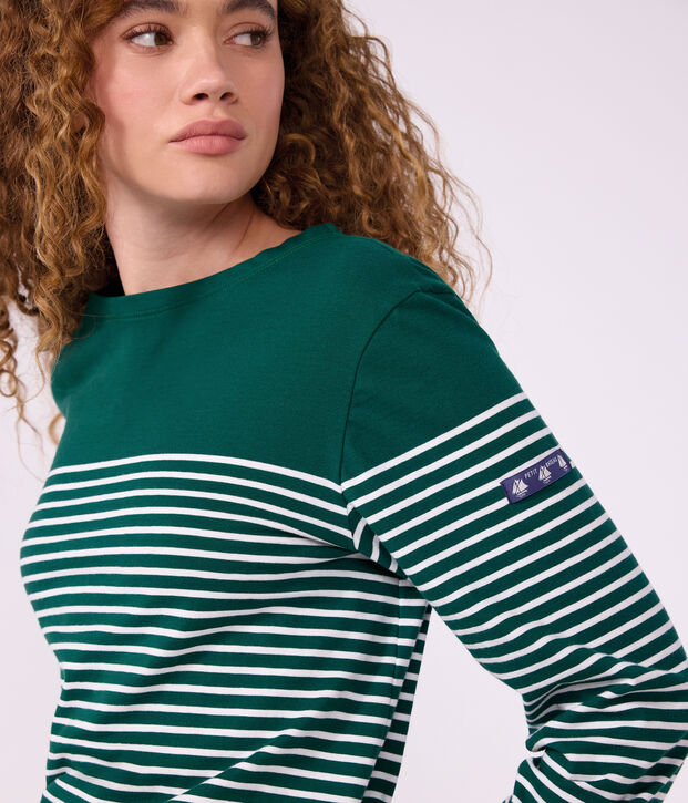 Damen T-Shirt Marini&egrave;re mit Streifen aus Baumwolle gr&uuml;n/weiss