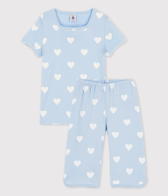 Kinder-Kurzpyjama aus Bio-Baumwolle mit Herzmotiv für Mädchen blau JASMIN/weiss MARSHMALLOW