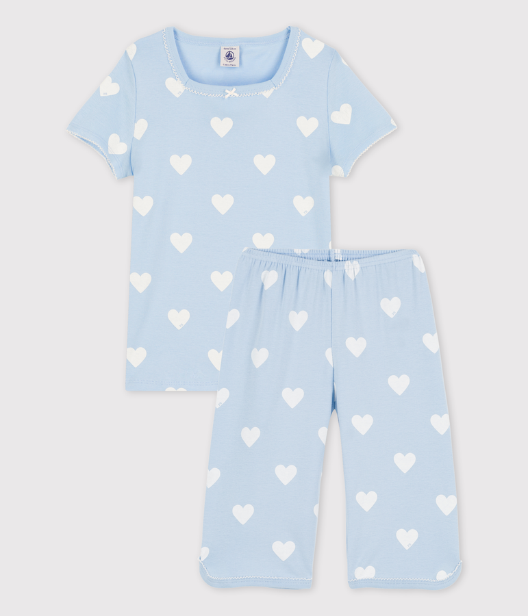 Kinder-Kurzpyjama aus Bio-Baumwolle mit Herzmotiv f&uuml;r M&auml;dchen blau/weiss