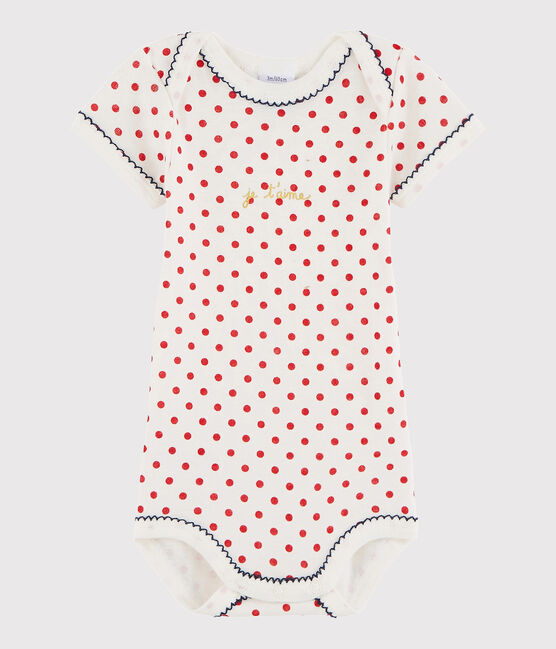 Kurzärmeliger Baby-Body Mädchen weiss MARSHMALLOW/rot ROUGE