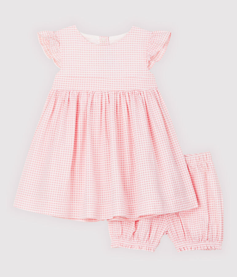 Baby-Kleid und -Bloomers f&uuml;r M&auml;dchen. rosa/weiss