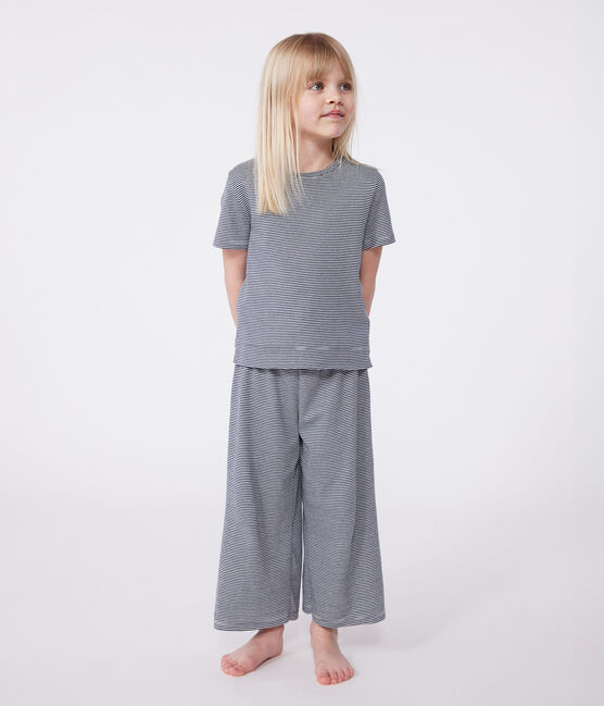 Kurzärmeliger Kinder-Pyjama aus Baumwolle mit weiten Beinen und Streifen blau SMOKING/weiss MARSHMALLOW