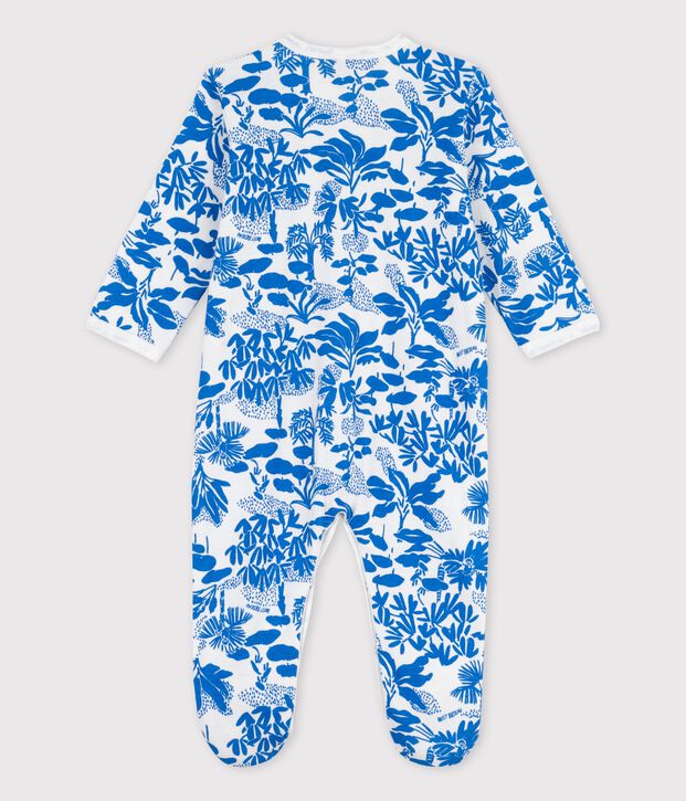Baby-Strampler aus Baumwolle mit Pflanzenmuster weiss/blau