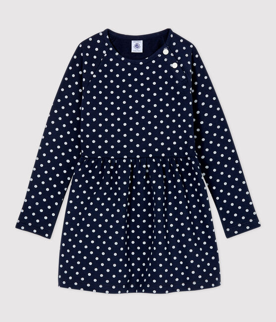 Langärmeliges Kinderkleid aus Molton für Mädchen blau SMOKING/weiss MARSHMALLOW
