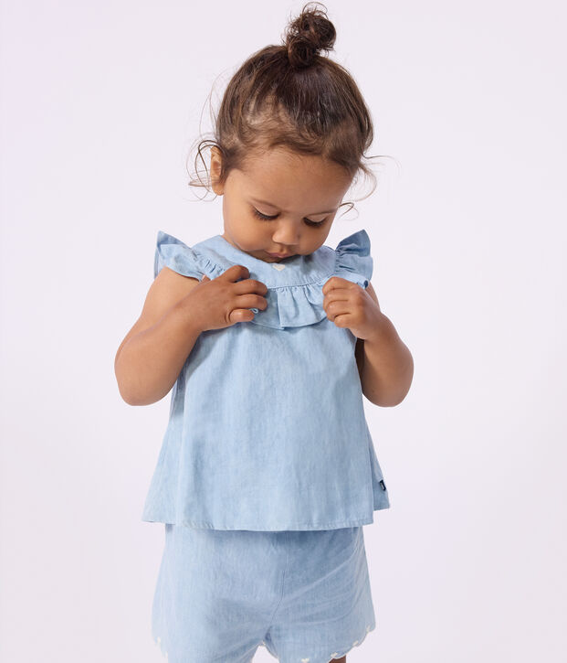&Auml;rmellose Baby-Bluse aus besticktem Chambray-Baumwollstoff blau