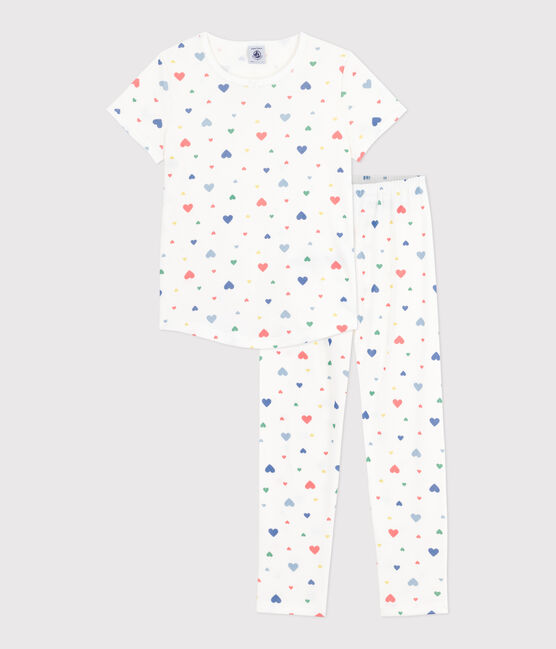 Kurzärmeliger Kinder-Pyjama mit langen Beinen aus bedruckter Baumwolle weiss MARSHMALLOW/weiss MULTICO