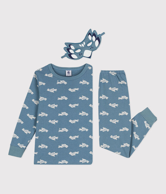 Kinderpyjama und Maske aus Baumwolle für Mädchen blau ROVER/weiss MARSHMALLOW