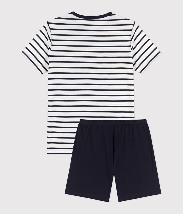 Kinder-Kurzpyjama aus Rippstrick mit Matrosenstreifen weiss/blau