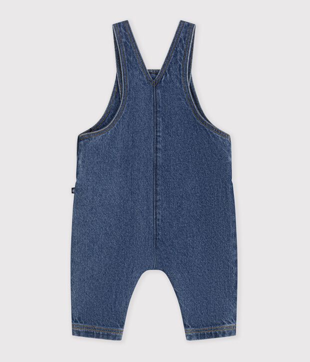 Langbeinige Baby-Latzhose aus Jeansstoff mit Tasche in Herzform blau