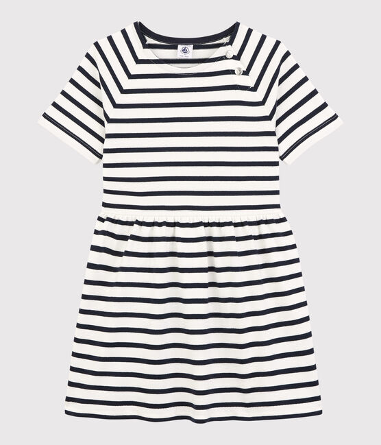 Kurzärmeliges Kleid aus Baumwolle für Mädchen weiss MARSHMALLOW/blau SMOKING