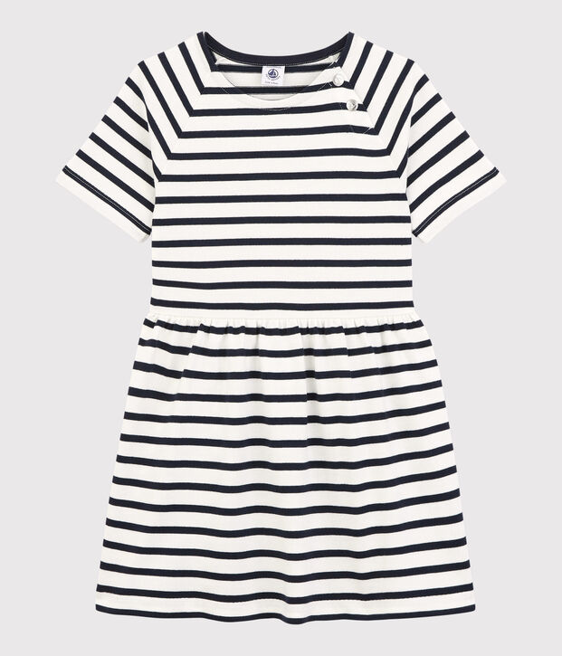 Kurz&auml;rmeliges Kleid aus Baumwolle f&uuml;r M&auml;dchen weiss/blau