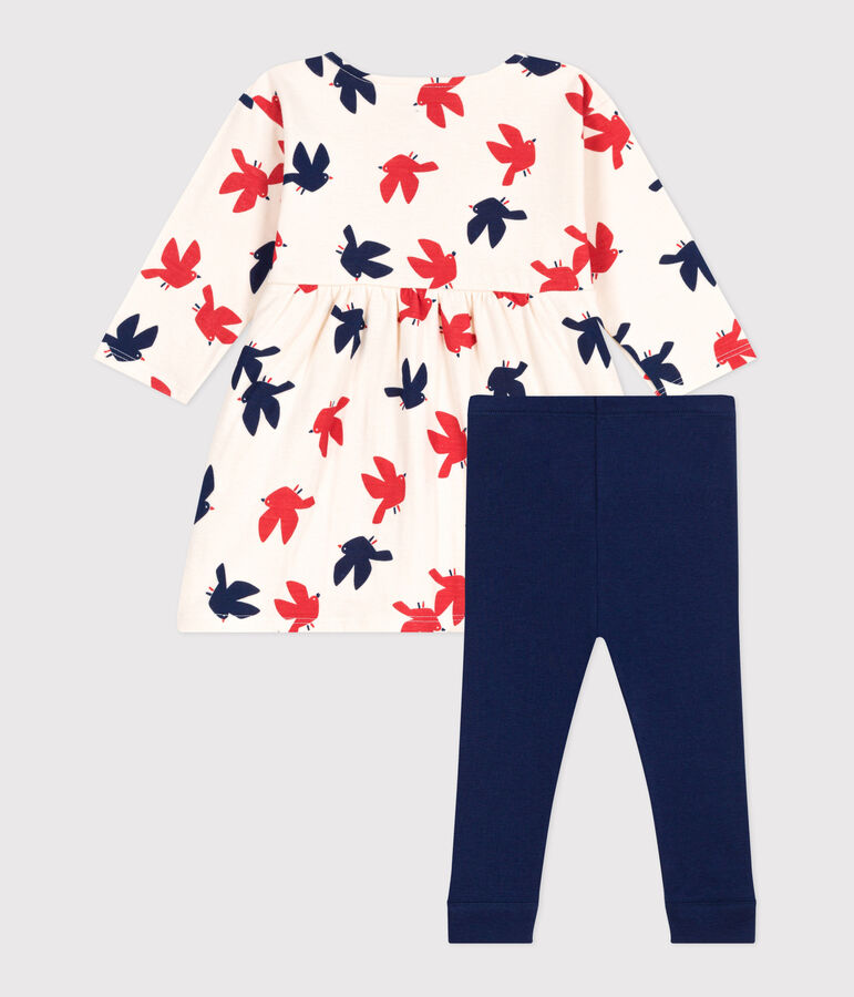 Lang&auml;rmeliges Baby-Kleid und Leggings mit Vogelmotiv. naturfarben/vielfarbig