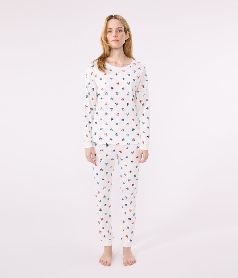 Damen-Pyjama aus Baumwolle mit Herzmotiv weiss/vielfarbig