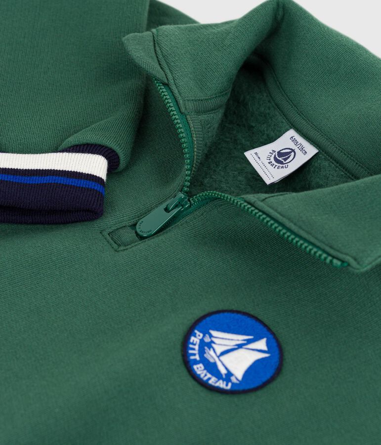 Kinder-Sweatshirt mit Reiverschluss-Kragen aus einfarbiger Baumwolle gr&uuml;n