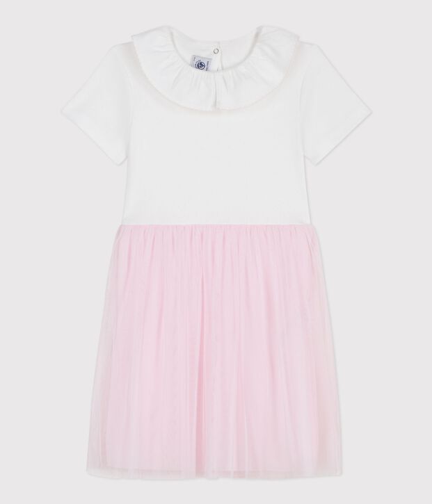 Kurz&auml;rmeliges Kinder-Kleid aus Baumwolle und T&uuml;ll mit Herzmotiv rosa/rosa