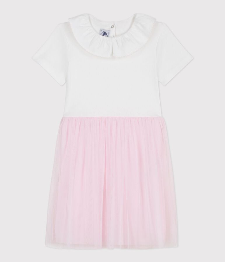 Kurz&auml;rmeliges Kinder-Kleid aus Baumwolle und T&uuml;ll mit Herzmotiv rosa/rosa