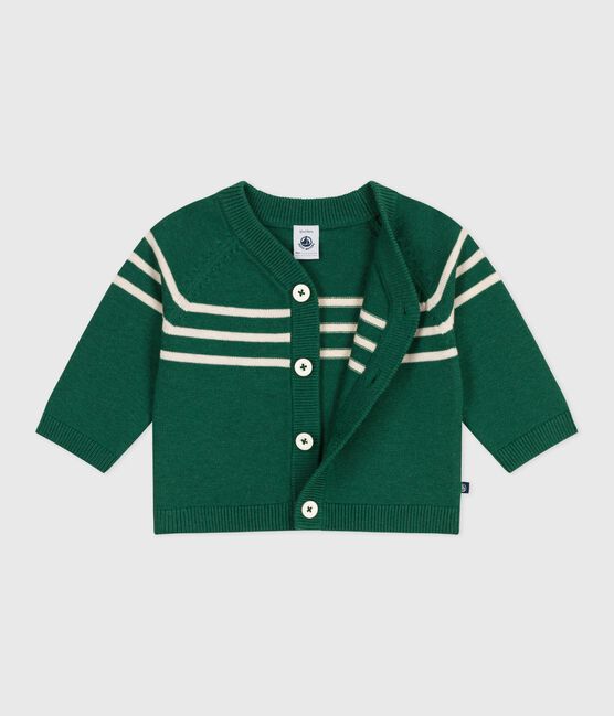 Baby-Cardigan aus Woll- und Baumwollstrick mit Streifen grün WILLOW/ AVALANCHE