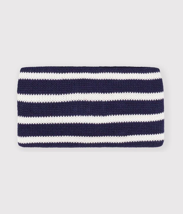 Baby-Schlauchschal aus Strick mit Streifen und Fleece-Futter blau/naturfarben