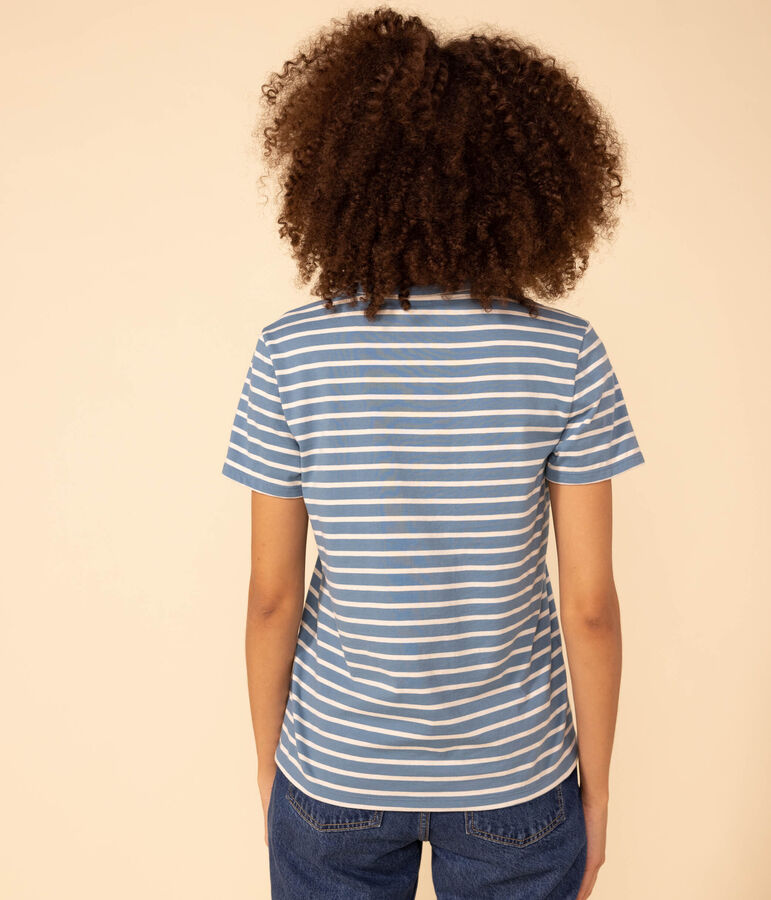 Damen-T-Shirt LE DROIT aus Baumwolle mit V-Ausschnitt blau/naturfarben