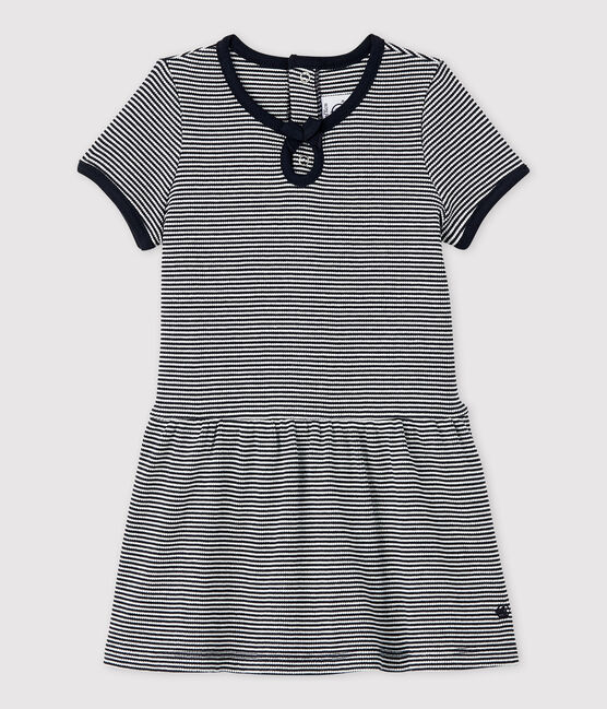 Kurzärmeliges Baby-Kleid aus 2x2-Rippstrick für Mädchen blau SMOKING/weiss MARSHMALLOW