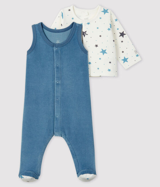 Baby-Zweiteiler aus Velours mit blauen Sternen gelb TEMPETE/weiss MULTICO