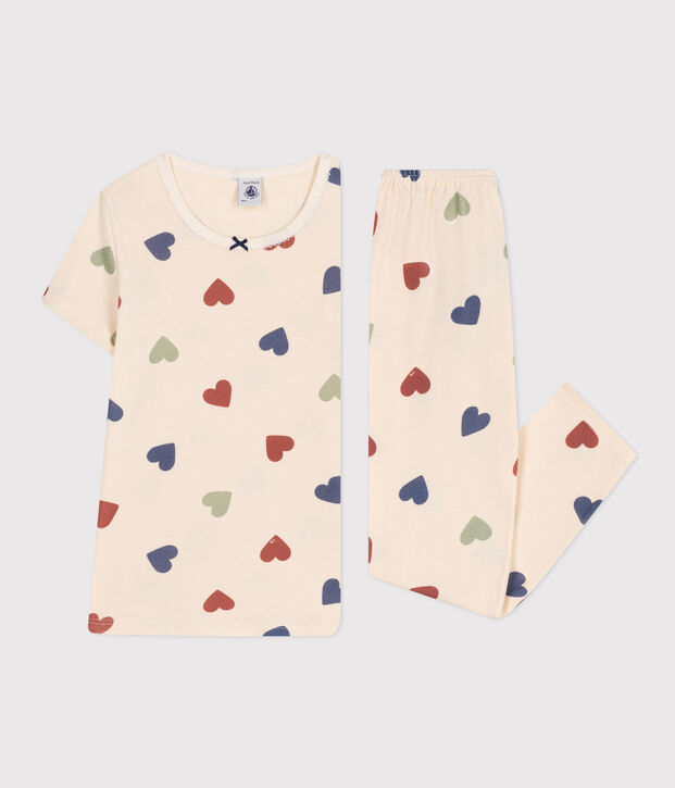 Kinderpyjama aus Baumwolle mit Herzmotiv naturfarben/vielfarbig