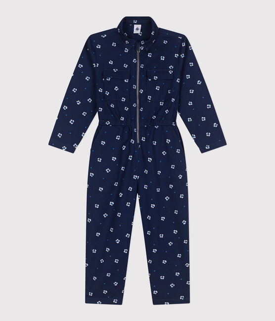 Langärmeliger Kinder-Overall aus Baumwolle mit Blumenmuster blau MEDIEVAL/weiss MARSHMALLOW