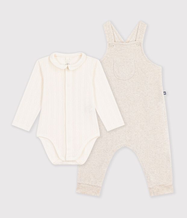 Baby-Set Latzhose und Body mit Kragen aus einfarbiger Baumwolle naturfarben/naturfarben