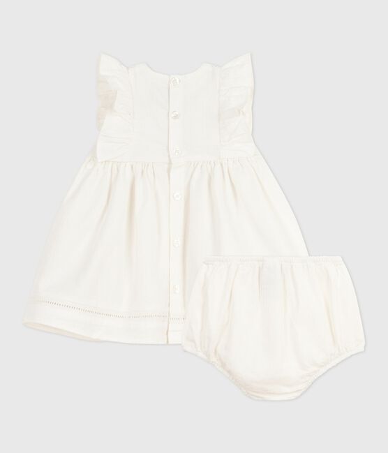 Ärmelloses Baby-Kleid aus einfarbiger Baumwolle mit Stickerei und dazu passendem Bloomer weiss ECUME
