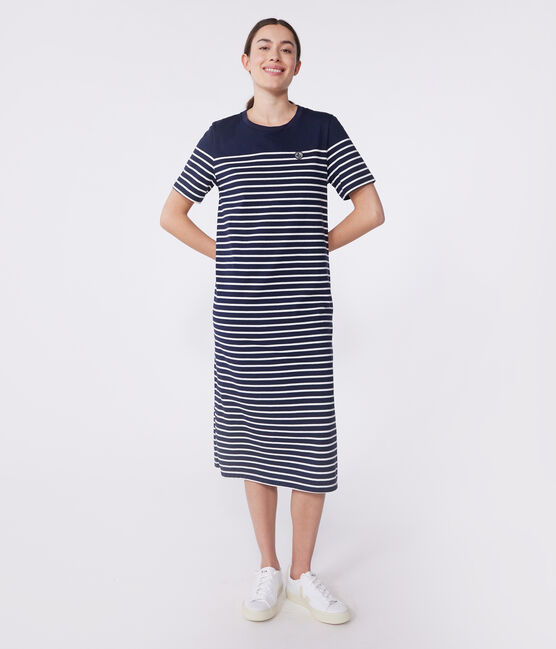 Langes Damen-Kleid aus Baumwolle mit Streifen blau SMOKING/weiss MARSHMALLOW