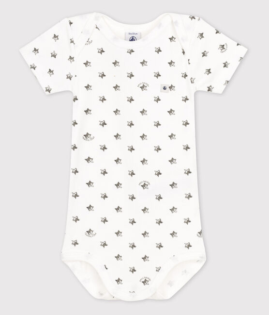 Kurzärmeliger Baby-Body weiss ECUME/grau ORAGE/ MEDIEVAL
