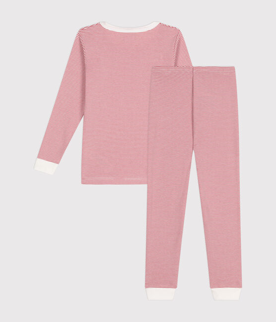 Eng anliegender Kinder-Pyjama aus gestreifter Baumwolle rosa ROSEWOOD/ MARSHMALLOW