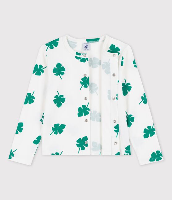 Gemusterter Cardigan aus Molton für Mädchen weiss MARSHMALLOW/grün GAZON