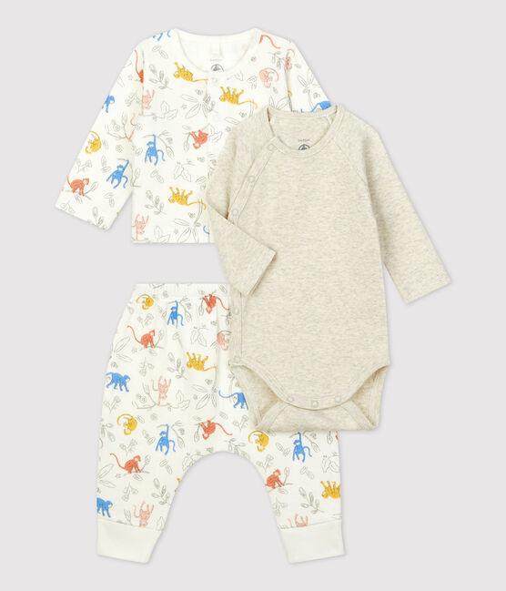 Dreiteiliges Baby-Set aus Bio-Doppeljersey mit Affenprint weiss MARSHMALLOW/weiss MULTICO