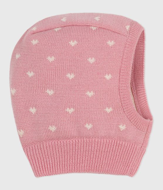 Baby-Schalmütze aus Wolle und Baumwolle rosa CHARME/weiss MARSHMALLOW