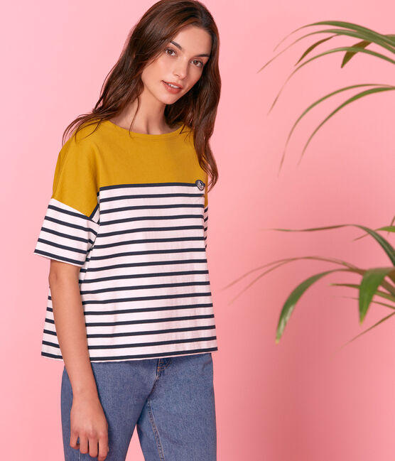 Kurzärmeliges seemannshemd damen gelb BAMBOO/weiss MARSHMALLOW/ SMOKING