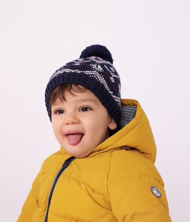 Baby-M&uuml;tze aus Woll- und Baumwoll-Jacquard mit Fleece-Futter blau/naturfarben/rot