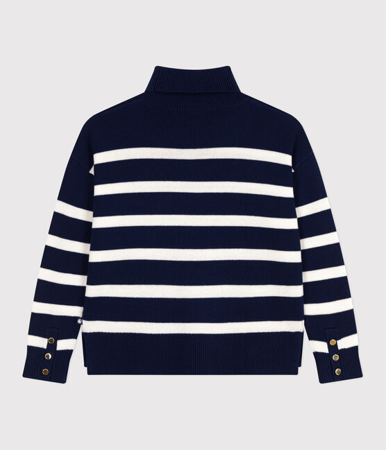 Damen-Pullover mit Stehkragen aus Wolle und Baumwolle mit Streifen blau SOIR/ MARSHMALLOW