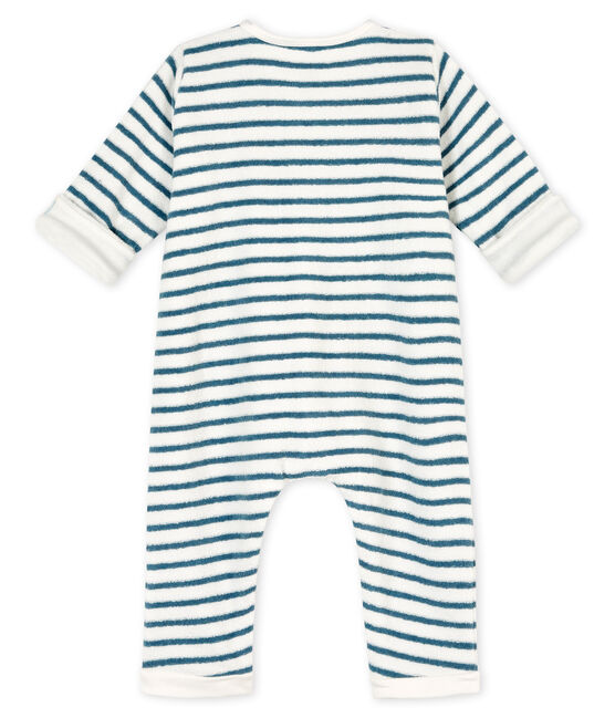 Langer Unisex-Overall aus angerautem, extra warmem Bouclé-Frottier mit Streifenmuster weiss MARSHMALLOW/blau ASTRO