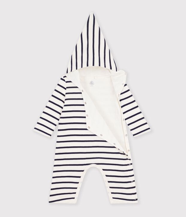 Gestreifter Baby-Overall mit Kapuze weiss/blau