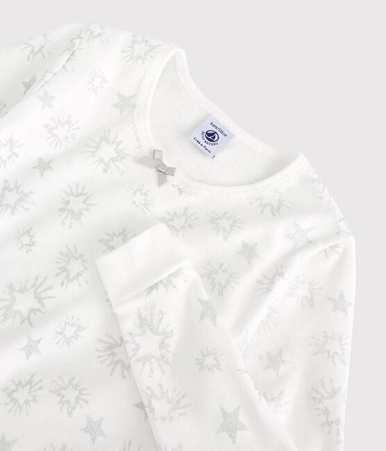 Snugfit-Kinderpyjama aus Baumwolle mit paillettiertem Sternen-Print für Mädchen weiss MARSHMALLOW/weiss MULTICO