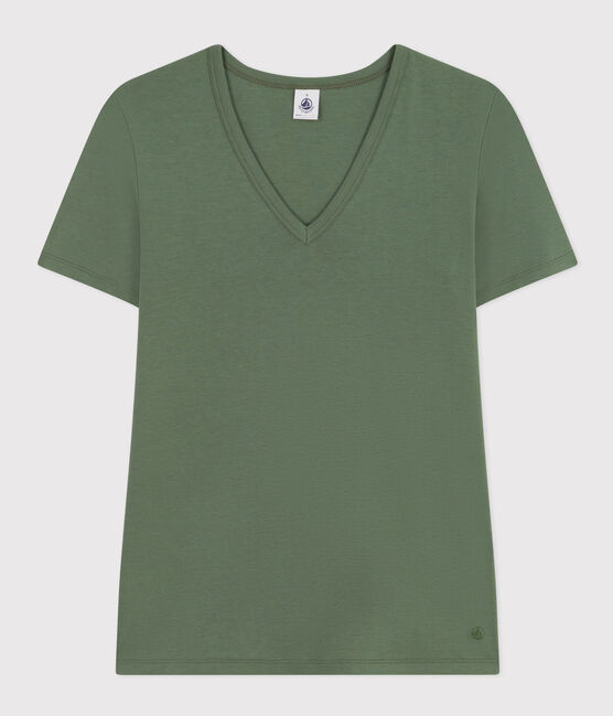 Damen-T-Shirt L'Iconique mit V-Ausschnitt aus Baumwolle, unifarben grün CROCO